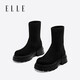 ELLE短靴女靴厚底絨面復古彈力靴子女新款小個(gè)子美拉德風(fēng)靴 黑色跟高5cm 37 標準碼
