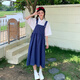 韓芯漫甜美可愛(ài)日系女裝背帶裙女學(xué)生韓版寬松長(cháng)裙子夏季初中女生連衣裙 藍色背帶裙(配包包) 均碼