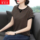 萱戀菲條紋t恤女含棉夏裝短袖寬松女裝夏季2023新款中年女裝寬松上衣 903駝黑條紋 3XL 建議125-140斤
