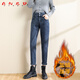ANED哈倫牛仔褲女2025年新款高腰顯瘦春秋季直筒寬松大碼蘿卜老爹褲女 加絨 藍灰色/長(cháng)褲 S 86-100斤