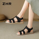 ZHR涼鞋女夏季圓頭魔術(shù)貼平底鞋子女羅馬風(fēng)編織女鞋 ES15 黑色 39
