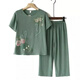 Lauaird 中老年女裝夏季套裝棉麻媽媽裝短袖T恤褲子兩件套老人奶奶衣服 果綠-套裝 XL建議85-105