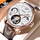 歐品客瑞士認證品牌手表男機械表陀飛輪男士手表高檔鏤空男表日月星辰 歐品客-8001陀飛輪-棕皮玫白