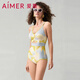 愛(ài)慕泳衣女半夏清光連體細帶泳衣AM689751 黃色印花YH2 L (170)