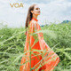 VOA冰沙橘提花桑蠶絲拼接喬其絲綢飄袖木耳邊立領(lǐng)假兩件真絲長(cháng)裙 AE1588 西柚冰橙（C92） 2XL