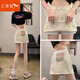 紅蜻蜓半身裙新款2025年夏季女裝毛邊牛仔裙褲高腰a字防走光包臀短裙子 米白色【有內(nèi)襯】 L