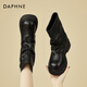 達(dá)芙妮（DAPHNE）堆堆靴女加絨保暖秋冬新款復(fù)古美拉德英倫風(fēng)中筒皮靴西部靴子 黑色 加絨 跟高7.5cm 37 標(biāo)準(zhǔn)碼 標(biāo)準(zhǔn)碼