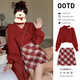 艾珠兒（Aizhuer）圣誕紅色連衣裙子秋冬女裝新款茶系小香風(fēng)新年戰袍穿搭配一整套裝 毛衣+紅色半身裙【套裝】 XXL