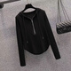 奧貝伊設計感小眾拉鏈連帽T恤女秋冬新款不規則短款長(cháng)袖打底衫女上衣潮 黑色 L