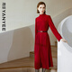 顏域復古百褶連衣裙秋季2024女裝氣質(zhì)長(cháng)袖立領(lǐng)中長(cháng)款裙子 紅色 M/38