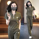 KVSV 休閑運動(dòng)套裝女夏季新款棉質(zhì)短袖洋氣減齡氣質(zhì)顯瘦闊腿褲倆件套 軍綠色 2XL 建議120-130斤