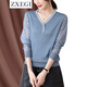 ZXEGI兔年針織衫女夏新款時(shí)尚鏤空長(cháng)袖港風(fēng)小眾洋氣寬松氣質(zhì)薄款上衣 藍色 M