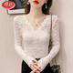 浪莎（LangSha）品牌白色蕾絲V領(lǐng)內搭打底衫女春秋低領(lǐng)性感鏤空網(wǎng)紗上衣秋冬加絨 象牙白[不加絨]薄款 2XL 建議[130-140斤]