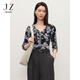 玖姿·安娜蔻經(jīng)典輕熟風(fēng)抽褶修身彈力針織上衣女2024秋款 花黑 L