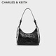CHARLES&KEITH褶皺油蠟皮手提單肩腋下包女生日禮物CK2-40271360 Noir黑色 M