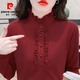 皮爾卡丹（pierre cardin）秋冬季氣質(zhì)木耳邊加絨打底衫女?huà)寢屟b修身內搭保暖長(cháng)袖上衣女純色 紅色 【雙面德絨】 XL 建議120-135斤