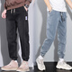 戈凡爾夏季薄款男牛仔褲 微彈寬松九分休閑工裝松緊束腳褲 QD-1801黑色+2083藍色 XL【（33-34碼）體重140-155斤】