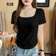 別語(yǔ)正肩短袖t恤女鎖骨方領(lǐng)上衣夏季斜邊下擺修身體恤 黑色 XL (111-125斤)