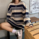 條紋T恤女春秋韓版原宿風(fēng)長(cháng)袖女學(xué)生秋衣女外穿寬松上衣ins潮 藍杏色條紋 L 106-120斤