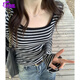 莜仙格韓系撞色條紋打底衫小眾喇叭袖方領(lǐng)正肩上衣女2025春秋季長袖T恤 灰色 M