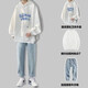 gxmy【三件套】衛衣套裝男士春秋季連帽一整套青少年休閑衣服男裝搭配 M28白衛衣+T恤+牛仔褲 XL 【120-140斤】