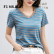 F1MAJE1T高端設計師品牌 條紋短袖T恤女夏季2025新款修身百搭半袖體恤上衣 藍色【V】 L 【建議體重101-110斤】