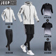 吉普（JEEP）跑步運動(dòng)套裝男士秋冬季晨跑服衣服速干衣短袖訓練健身裝備五件套 漸變灰五件套速干 防風(fēng) 跑步 2XL 【160-180斤】