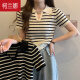 柯蘭娜女裝夏季條紋冰絲針織衫正肩短袖T恤顯瘦Polo領短款上衣 杏色條紋 L 【建議100-120斤】