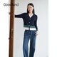 音兒（YINER）Goodland美地2024冬季新款法式優(yōu)雅V領(lǐng)撞色假兩件針織衫套頭 藏藍(lán) XL