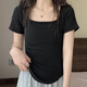 妙奕嘉正肩短袖女t恤女士新款2025年女裝緊身辣妹顯瘦上衣半袖女高腰短t U領(lǐng)修身短袖-黑色【100-120斤】