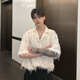 凱美涵小眾流蘇毛邊設計感襯衫男寬松夏季垂感短袖襯衣痞帥開衫羽毛外套 杏色 XL