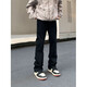 POUM褲子秋冬季男美式街頭cleanfit水洗黑色微喇牛仔褲男高街寬松直筒 LSFS-NK07黑色 L【建議95-110斤】