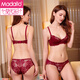 莫代爾純欲性感蕾絲內衣女套裝聚攏收副乳紅色本命年情趣超薄美背文胸罩 酒紅色套裝【內衣禮盒】 75B (34)