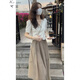 可茵 新款連衣裙女夏港風時尚套裝女2022短款V領(lǐng)交叉設(shè)計感上衣仙女溫柔風中長款A(yù)字紗裙小個子套裝裙 白色上衣+卡其網(wǎng)紗裙 M