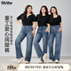 MsShe【重工燙鉆闊腿牛仔褲】大碼女裝2025秋裝胖mm高腰直筒長褲 牛仔中藍(lán)色現(xiàn)貨 3XL