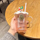 星巴克（Starbucks）杯子韓國漸變藤編透明玻璃杯帶把手大容量耐熱咖啡水杯生日禮物 粉色小熊玻璃杯400ml+蓋子吸管
