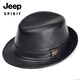 JEEP SPIRIT真皮禮帽男士復古休閑英倫爵士帽中老年父親帽牛皮上海灘帽老人帽 黑色 小號L（55-56cm）可調節