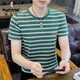 啄木鳥(niǎo) 男式條紋短袖T恤衫2022夏季高端棉薄款圓領(lǐng)上衣修身半袖體恤潮 綠色 L