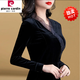皮爾卡丹（pierre cardin）長(cháng)袖v領(lǐng)打底衫女2025春新款金絲絨修身上衣網(wǎng)紗拼接T恤衫時(shí)尚氣質(zhì) 黑色(蕾絲) XL _建議120-130斤