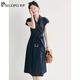 帕羅（PALUOPO）連衣裙女收腰西裝領(lǐng)腰帶顯瘦純色短袖夏季中長(cháng)款新款裙子 藏青 2XL (175/96A)