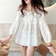 寶喬旭秋季新款韓版繡花娃娃衫蓬蓬a字甜美系帶燈籠袖顯瘦襯衫女 白色 M 建議105-115斤