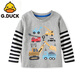 G.duck小黃鴨兒童純i棉拼接長(cháng)袖t恤春秋款男童假兩件衫上衣汽車(chē)圖案嬰兒 灰色條紋袖工程車(chē)- 110 cm-