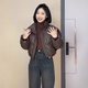 浪莎小香風羽絨棉服2024冬季新款pu皮短款外套高腰寬松棉襖小個子棉衣 咖啡色 L:建議110-125斤