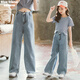 女童褲子2026新款女孩春秋牛仔12歲洋氣直筒闊腿兒童褲女大童春裝 紐扣拉鏈牛仔闊腿褲 140