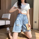 茹軒破洞牛仔短褲女夏季薄款高腰寬松遮胯翻邊時(shí)尚顯瘦中褲直筒五分褲 藍色 28(建議105-115斤左右)