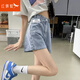 紅蜻蜓高腰牛仔短褲女2025年夏季新款小個子女裝a字熱褲女士短褲 淺藍(lán)色 L