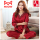 貓人（MiiOW）冰絲睡衣女兩件套仿真絲2025年新款大碼家居服套裝春夏薄款媽媽 5811酒紅色長(cháng)袖長(cháng)褲【絲滑助眠】 XL(建議110-120斤)