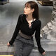 辣妹穿搭春秋季短款上衣女設計感小眾修身高腰打底衫長(cháng)袖t恤ins潮 黑色【T恤+背心】 S 75-95斤