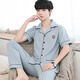 嘉妮奈兒100%純棉男士睡衣夏季短袖長(cháng)褲薄款全棉青中年春秋款休閑家居套裝 短長(cháng)淡藍圖章 XL碼（高170-175 130-155斤）