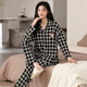 華婷露（Huatinglu） 睡衣女秋冬季開(kāi)衫家居服寬松可外穿V領(lǐng)舒適長(cháng)袖長(cháng)褲套裝針織棉 黑白格子 L （適合90-105斤）